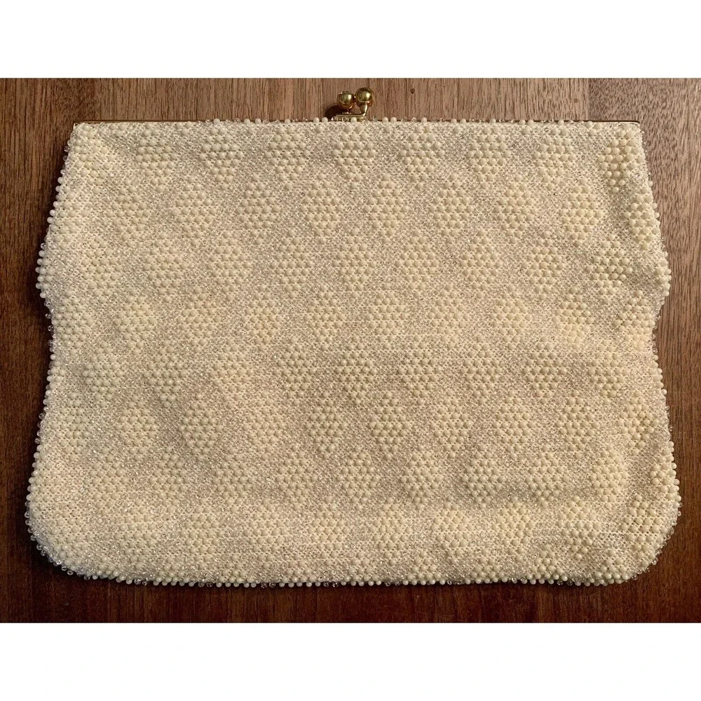 Vintage Cream Beaded Tote with Matching Coin Purse - Gold Hardware